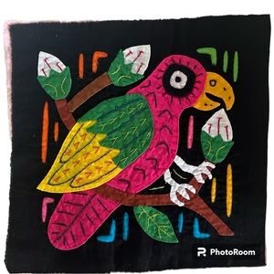 Vintage Mola Colorful Parrot Made in Panama Black Pink Yellow Green